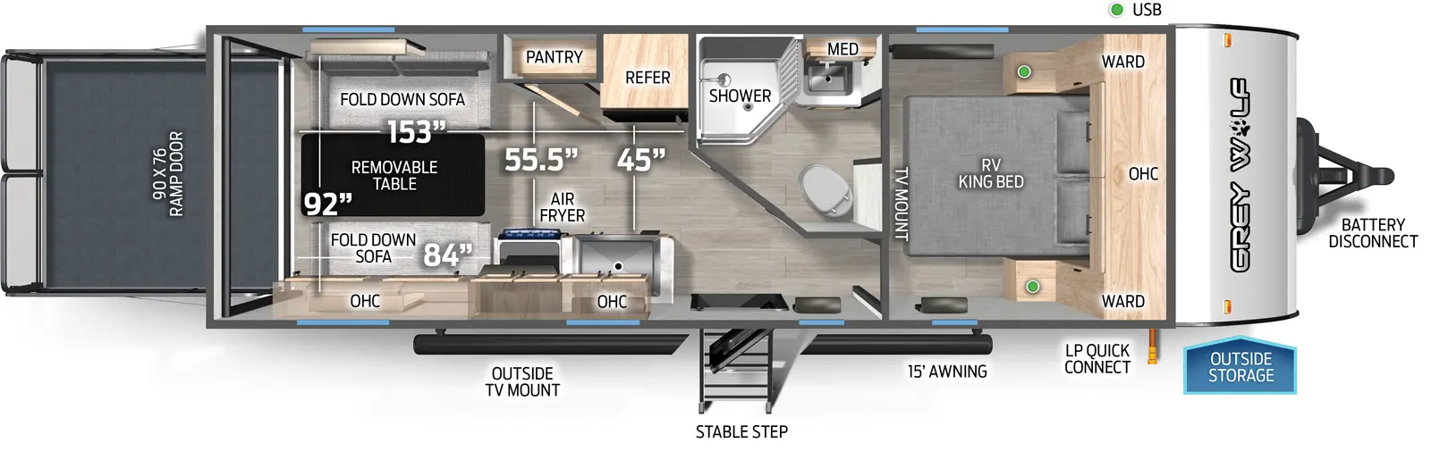 The Cherokee Black Label 22RRBL floorplan is a toy hauler that has one entry and zero slide outs. Exterior features include: fiberglass exterior and 15' awning. Interiors features include: front bedroom.